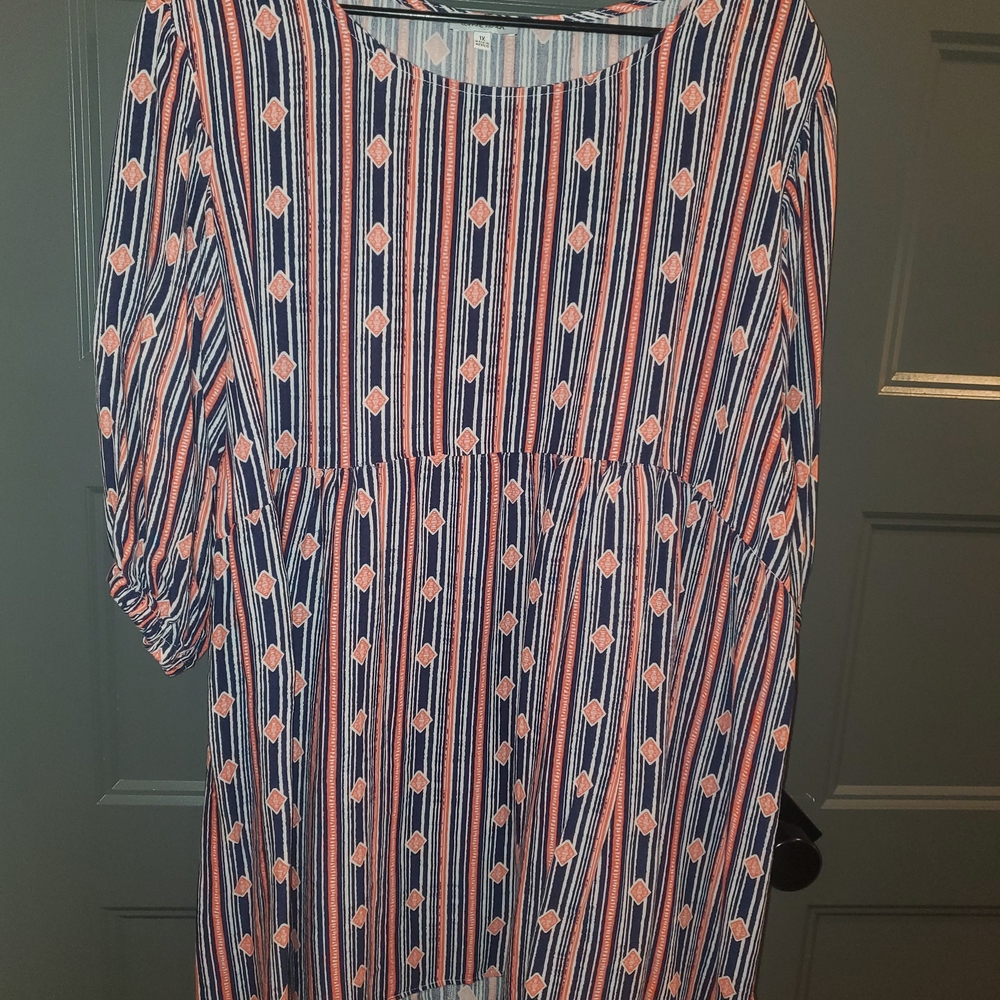 White Birch Navy and Coral Striped Dress